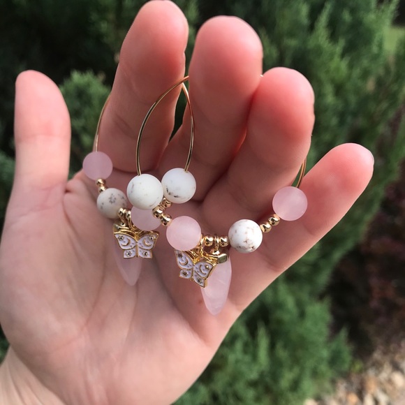 Rose Quartz White Turquoise Butterfly Hoop Earring - Picture 6 of 6